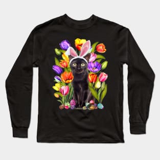 Cat Bunny Ears And Tulip Flowers Happy Easter Day Long Sleeve T-Shirt